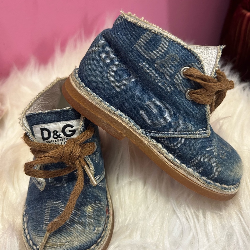 D&G Kids Denim Blue Boots with Brown Laces